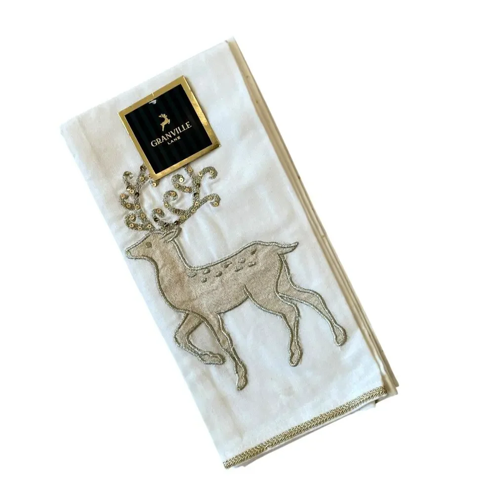 Granville Lane Embroidered Reindeer Cotton Kitchen Towels 20x28 White Gold 2pc